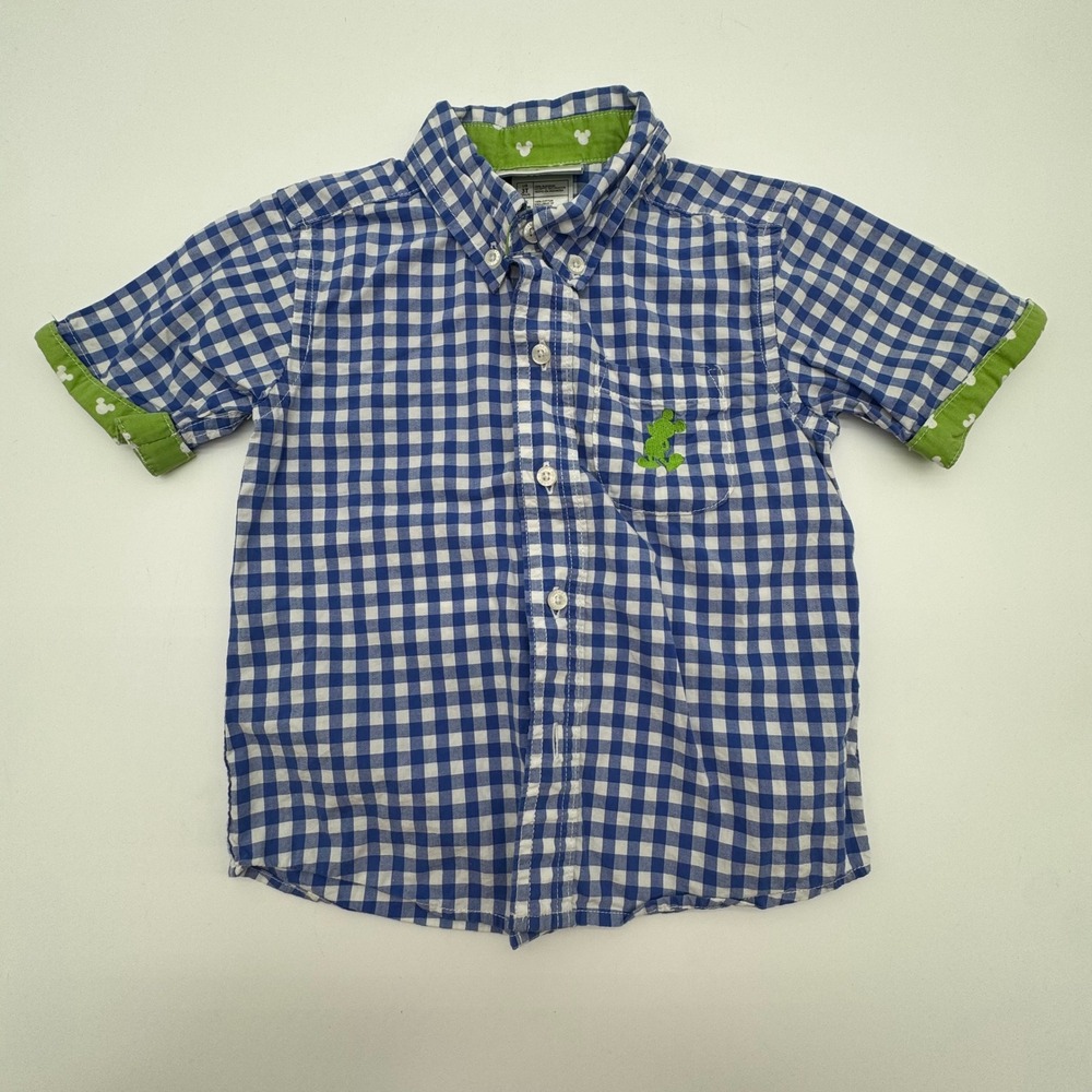 Disney Parks Mickey Mouse Gingham‎ Button Front Shirt Toddler Boys Size 3T Blue